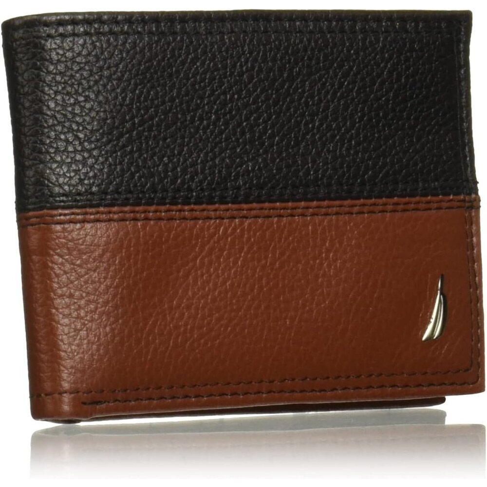 Nautica Men's Bifold Leather Wallet RFID Blocking ID Window Card Slots Brown